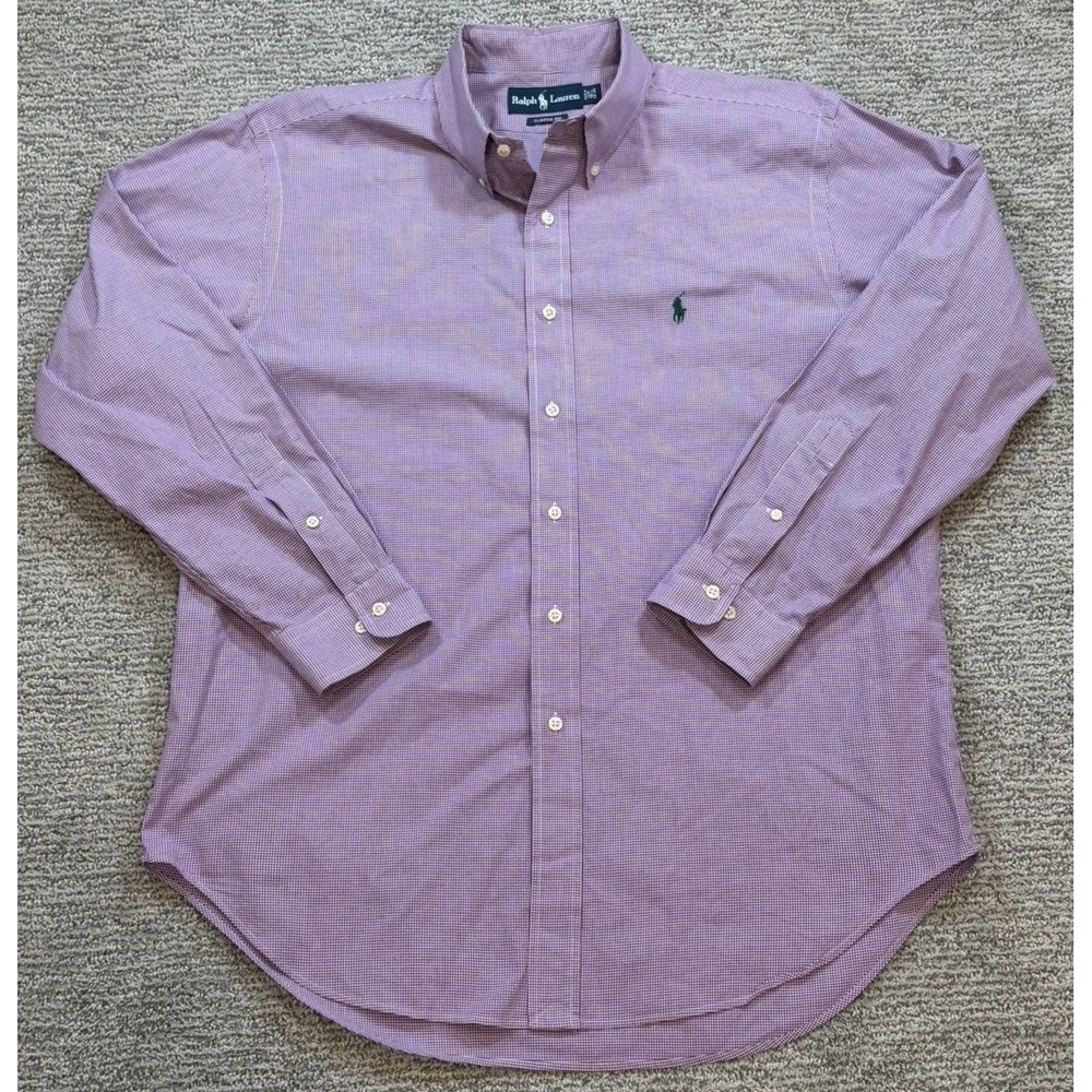 Polo Ralph Lauren Shirt Men 16.5 32/33 (Large) Purple‎ Gingham Check Stretch - Picture 2 of 8